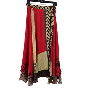 Darn Good Yarn Sari Silk Red Gold Brown Reversible Wrap Around Long Skirt 6  12